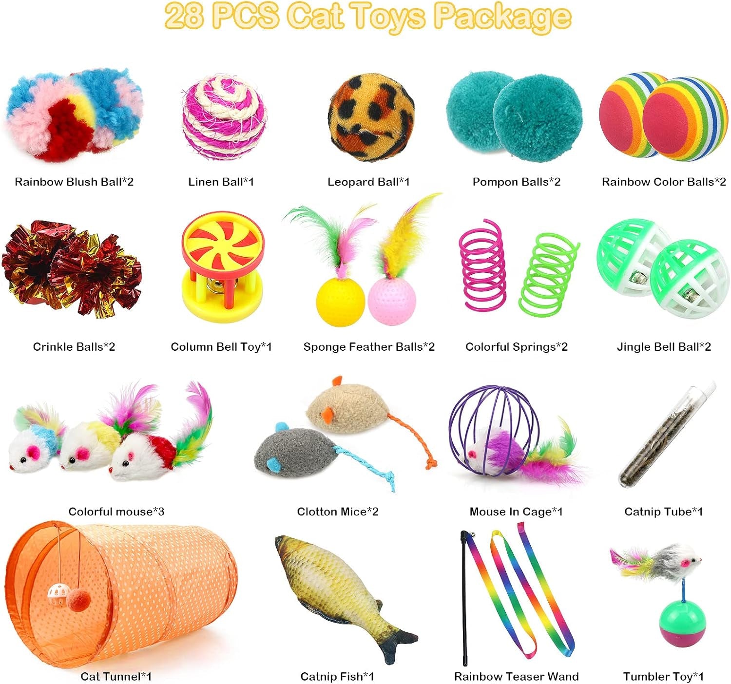 27-Piece Cat Toy Set – Interactive Kitten Toys with Tunnel, Catnip Fish, Feather Wand, Fluffy Mice, Jingle Balls & More – Ultimate Play Pack for Cats & Kittens