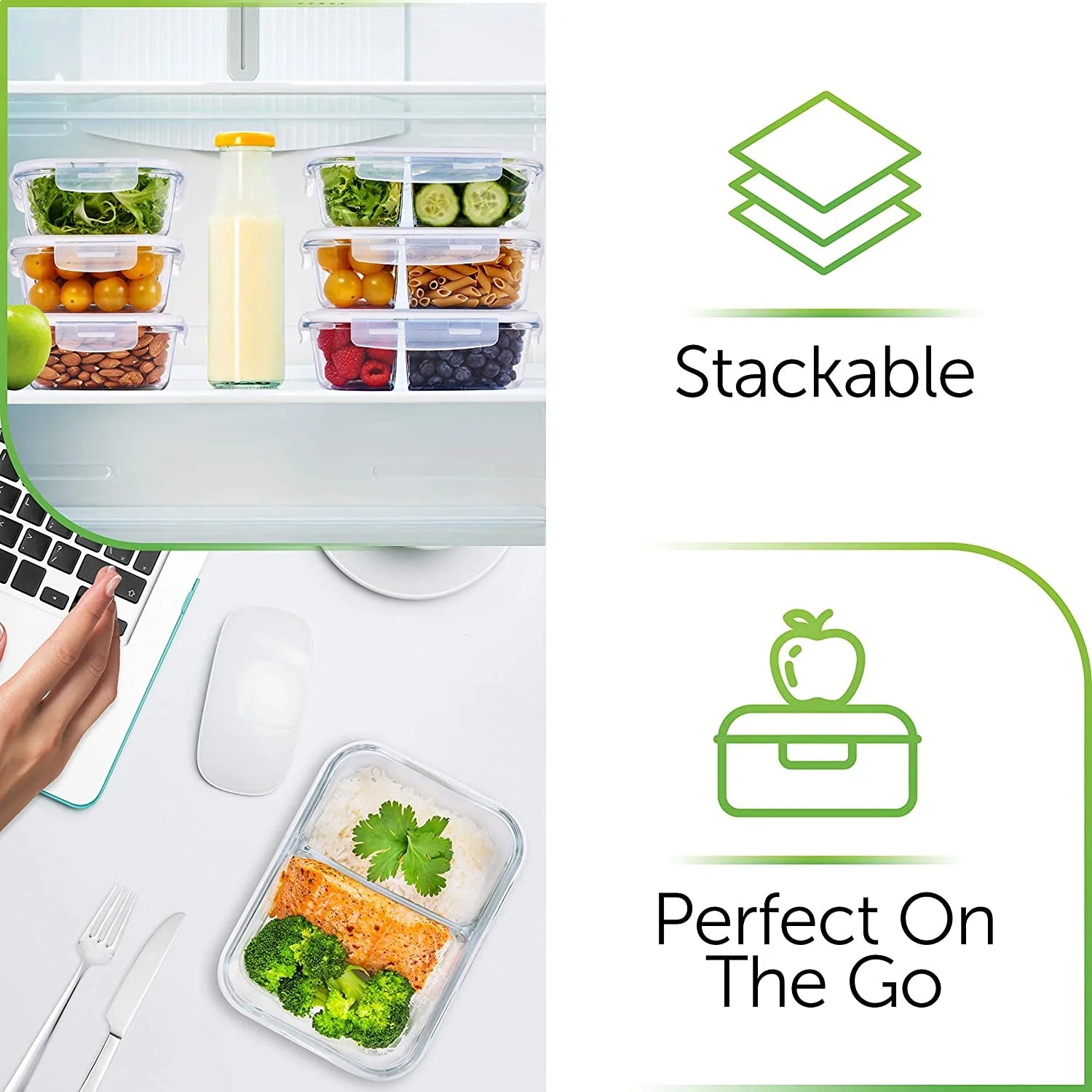 🍱 SmartPortion™ 5-Pack Glass Meal Prep Containers – 2-Compartment, 36oz | Oven & Microwave Safe