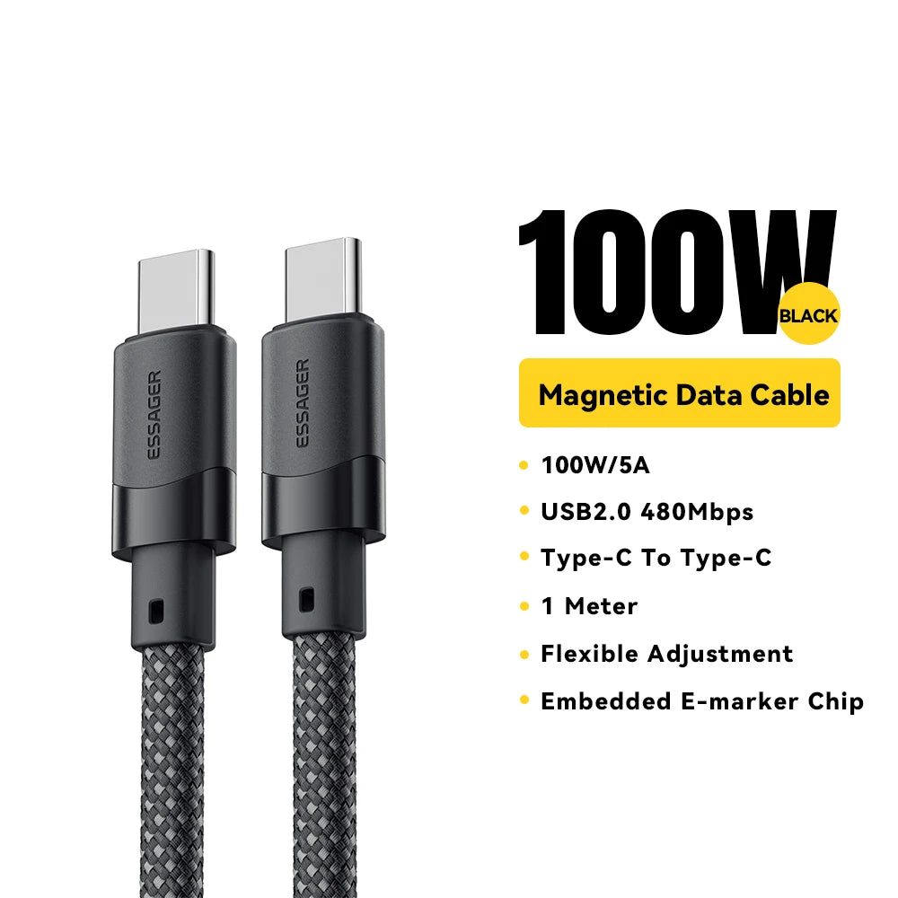 100W Magnetic USB-C to C Cable – Ultra-Fast Charging for iPhone 15, Laptops & Samsung (65W Data Sync)