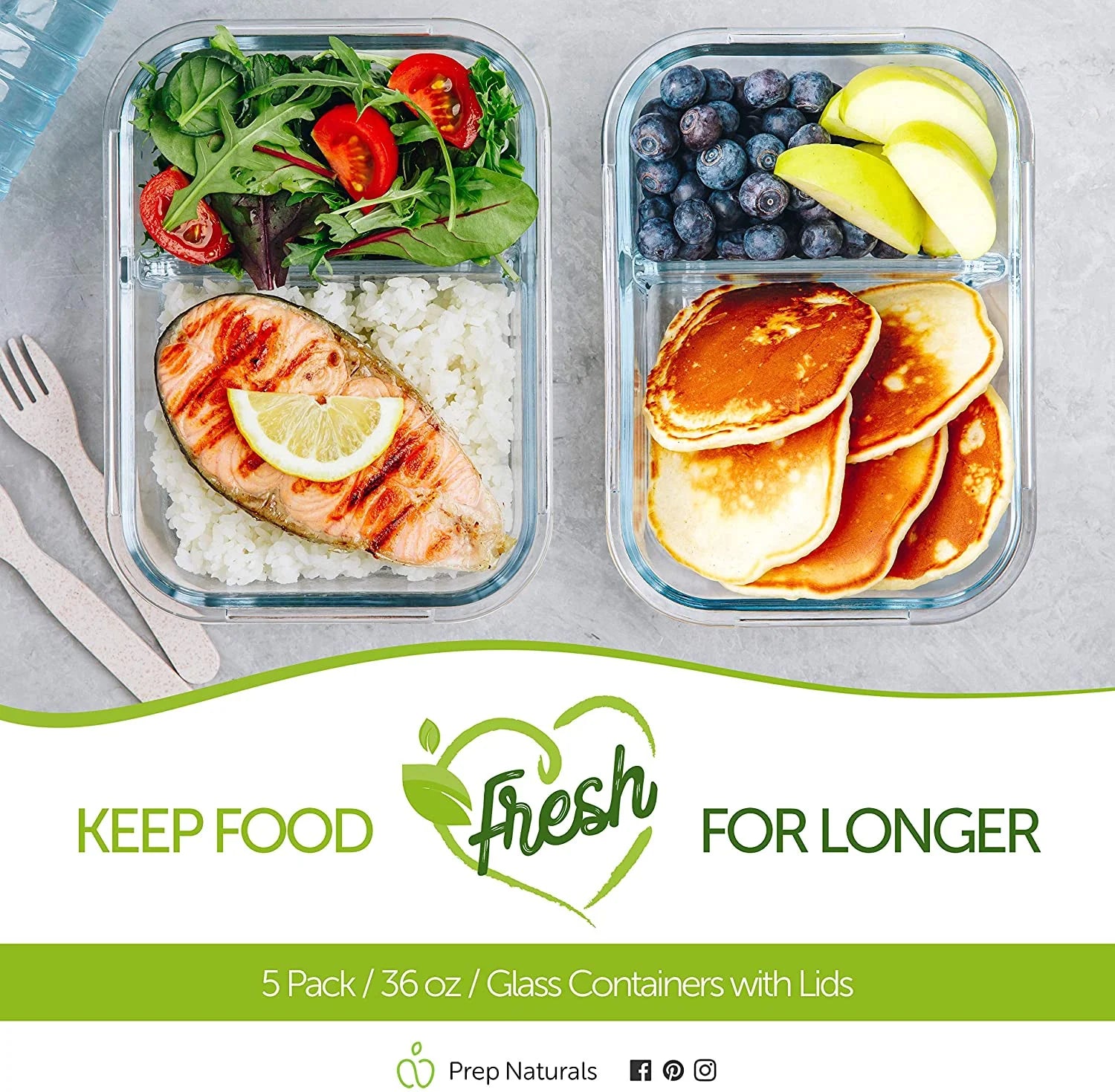 🍱 SmartPortion™ 5-Pack Glass Meal Prep Containers – 2-Compartment, 36oz | Oven & Microwave Safe