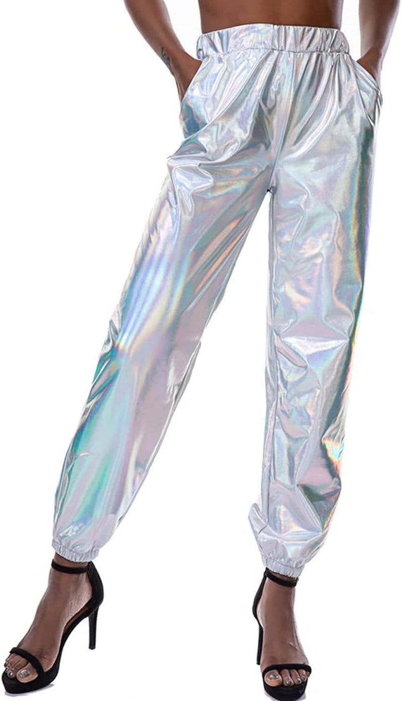 Womens Shiny Metallic Pants, Holographic Disco Sweatpant for 70S 80S Alien Space Cowgirl Halloween Costume