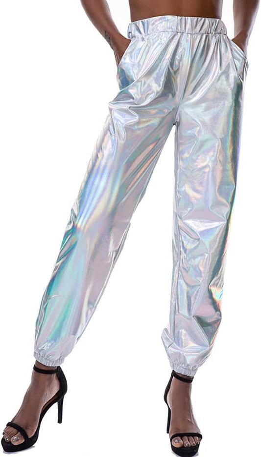 Womens Shiny Metallic Pants, Holographic Disco Sweatpant for 70S 80S Alien Space Cowgirl Halloween Costume